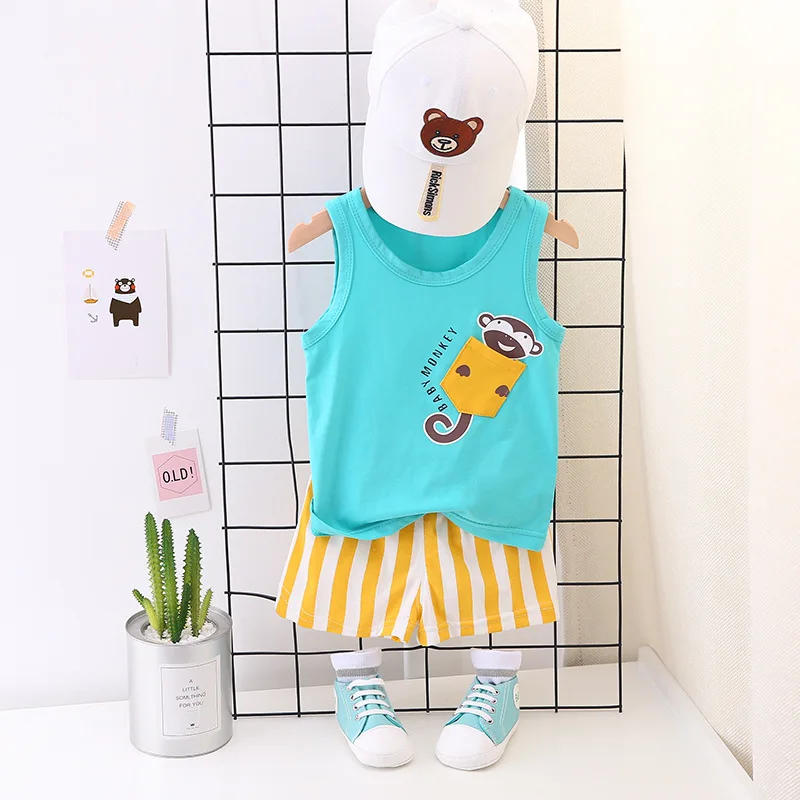 Summer color cartoon hot sale cotton children baby boys vest short clothing set | Детская одежда и обувь