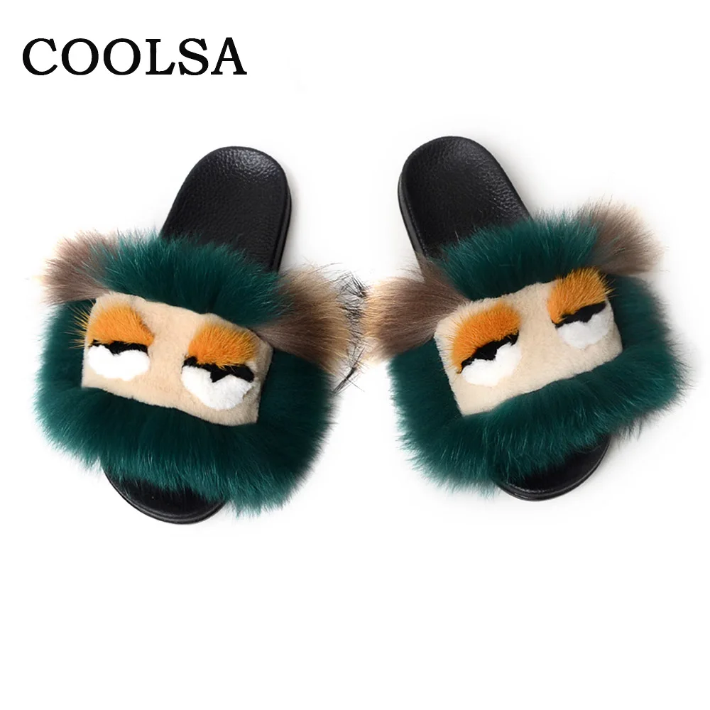 Coolsa новые женские меховые Монстры тапочки пушистые животные тапочки натуральный Лисий Мех сандалии плоские мягкие домашние вьетнамки женские милые горячие туфли