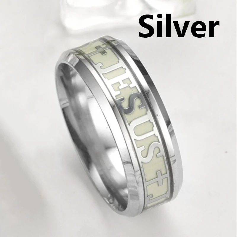 ELSEMODE Luminous JESUS Cross Christ Ring Titanium Steel Glowing In The Dark Wedding Engagement Rings For Women Men Jewelry