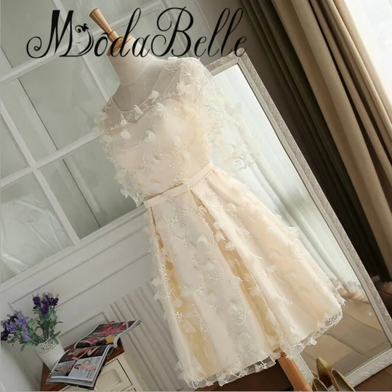 modabelle Robe Courte Champagne Handmade Flowers Short Prom Dresses 2017 Mezuniyet Elbiseleri Three Qureter Evening | Свадьбы и