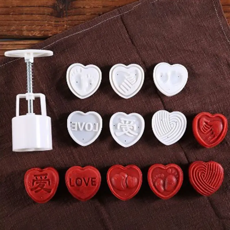 6pcs 3D Heart Stamps Moon Cake Decor Mould Barrel Mooncake Mold 50g Pastry Mooncakes Hand DIY Tool