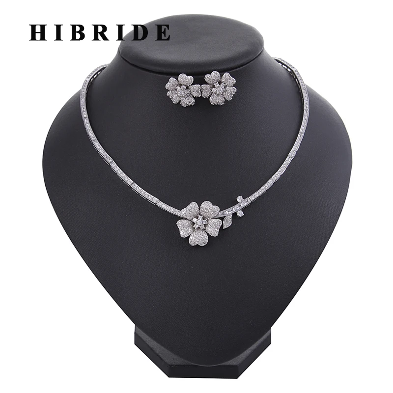 

HIBRIDE Beautiful Flower Design Women Bridal Jewelry Sets Micro Cubic Zircon Pave Necklace Earrings Sets For Female Gifts N-220