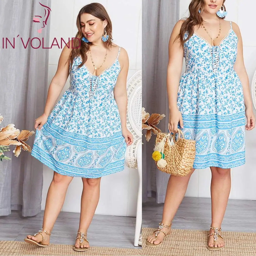 IN'VOLAND Plus Size Women Dress Summer Casual Spaghetti Strap Sleeveless Floral Knee Length Front Cross Dresses Female Vestidos | Женская