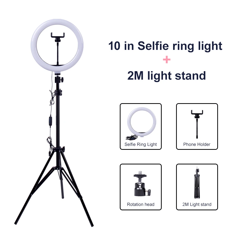 

10 in LED Selfie Ring Light Video Live Makeup with Phone Holder 2M light stand for Photographic Fill Lighting