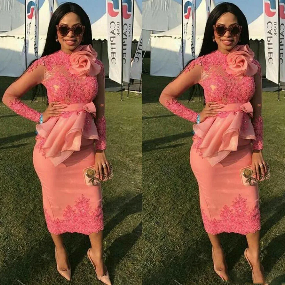 

Chic Evening Dress Long Sleeve abiye Evening Gowns Peplum Pink Appliques Party Dresses Sheer Neckline Custom made abendkleider
