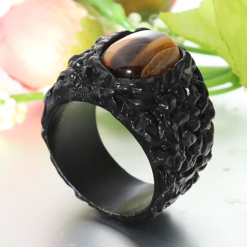 New black anti-black rock shape ring men's domineering personality fashion high quality jewelry crystal tiger eye stone wedding |