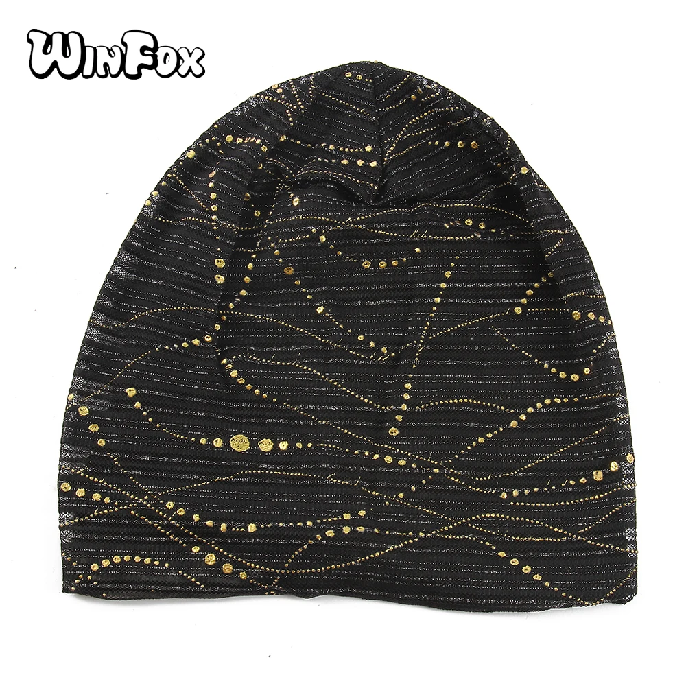Winfox Новая мода лето осень черный кофе горный хрусталь тюрбан шапки Skullies