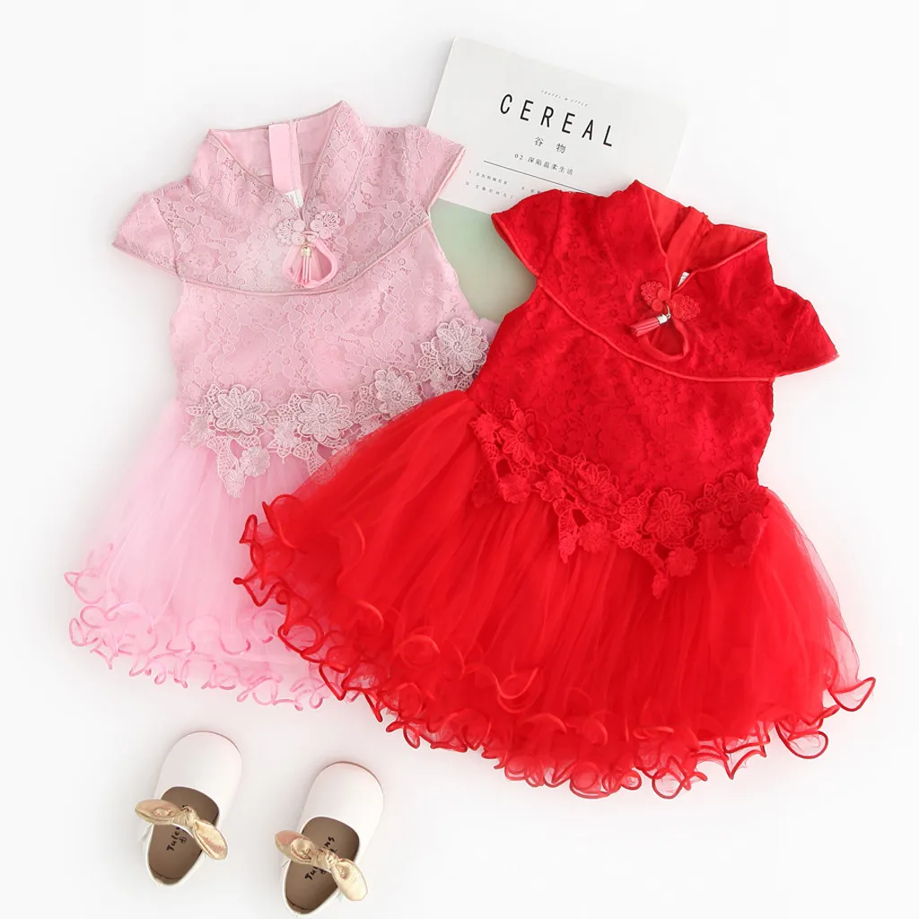 Toddler Kid Baby Girl Floral Embroidery Lace Patchwork Cheongsam Princess Dress 2019 Chinese style Dresses | Детская одежда и