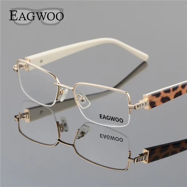 EAGWOO, женские элегантные очки с кристаллами, полуоправа, оптическая оправа, новинка, очки по рецепту, простые очки для глаз, весенние дужки D8061 - Цвет оправы: Golden