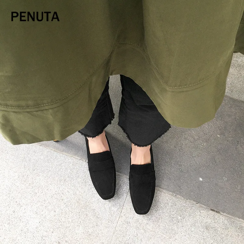 PENUTA/; замшевые женские лоферы в европейском стиле; высококачественные туфли на плоской подошве кофейного цвета; удобные туфли без задника с круглым носком; PF901