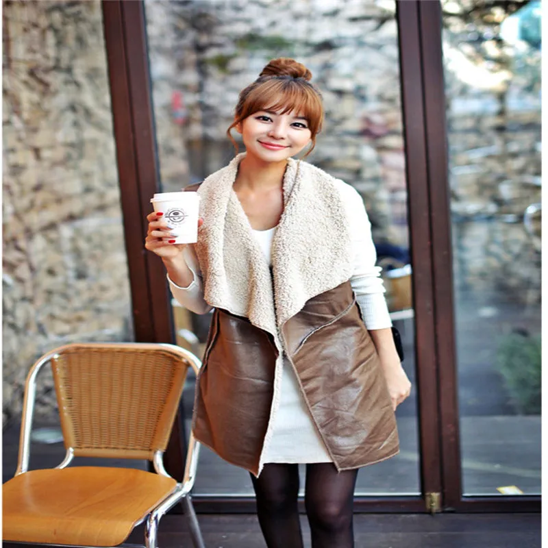Женский Повседневный теплый кожаный жилет с меховым воротником 2017 Новый женский