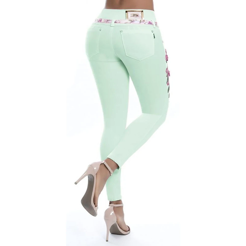 Модные Эластичные Обтягивающие джинсы с цветочной вышивкой женские длинные