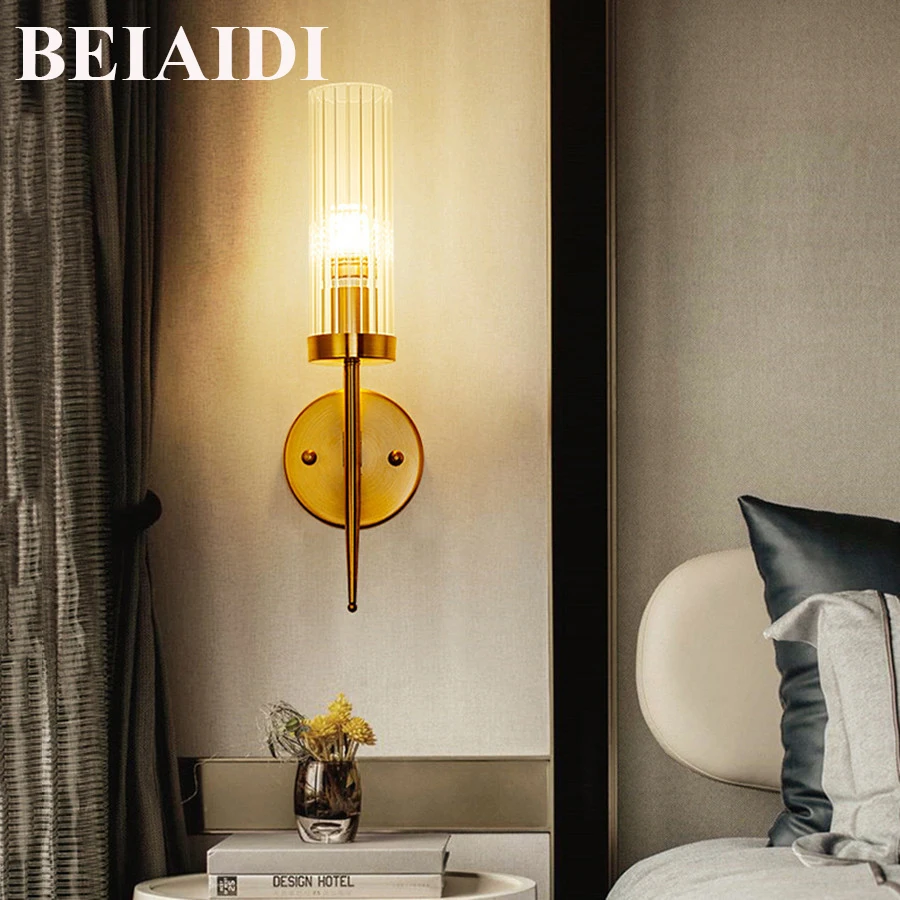 

BEIAIDI American Minimalist Glass Wall Light E14 Luxury Golden Living Room Bedroom Bedside Lamp Hotel Aisle Corridor Wall Sconce