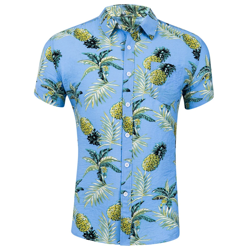 2019 New Fashion Hawaiian Pineapple Leaves Print Casual Shirts Clothing Men Turn Down Collar Short Sleeve Beach Party Shirt Tops | Мужская