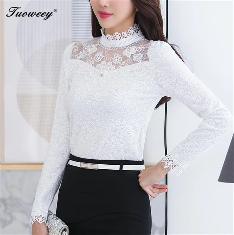 

2020 spring beading stand collar female Lace Sexy Slim Blouse Hollow Out Top Shirt Blusas women Long Sleeve Winter warm shirt