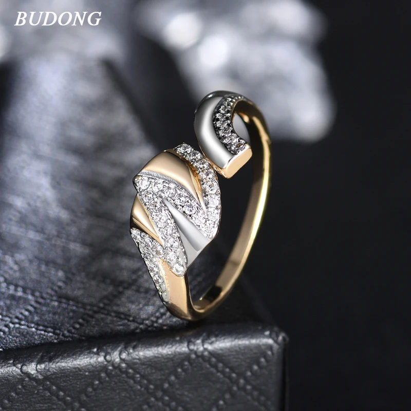 Женское кольцо для коктейлей BUDONG модное золотистое с фианитами и кристаллами XUR650