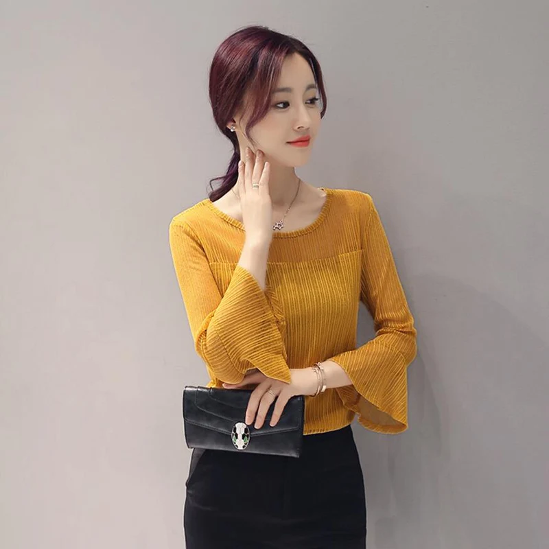 Fashion Three Quarter Flare Sleeve Chiffon Blouse Women 2018 Sexy Lace Mash Perspective Blusas Slim Top Plus Size Blouses LY897 | Женская