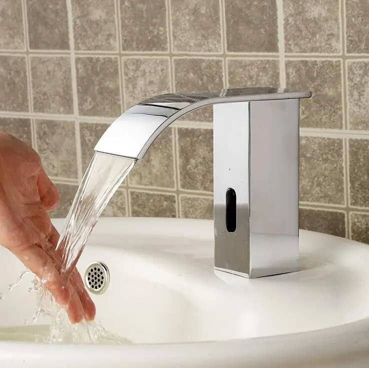 Chrome Plated infrared sense faucet brass Bathroom single hole wash basin Copper sink waterfall | Обустройство дома