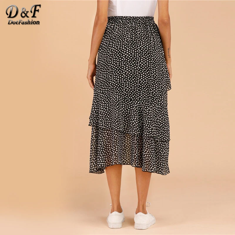 Dotfashion черно-белая многослойная юбка с принтом для женщин Лето Бохо весна Дамская мода трапециевидная Юбка со средней талией