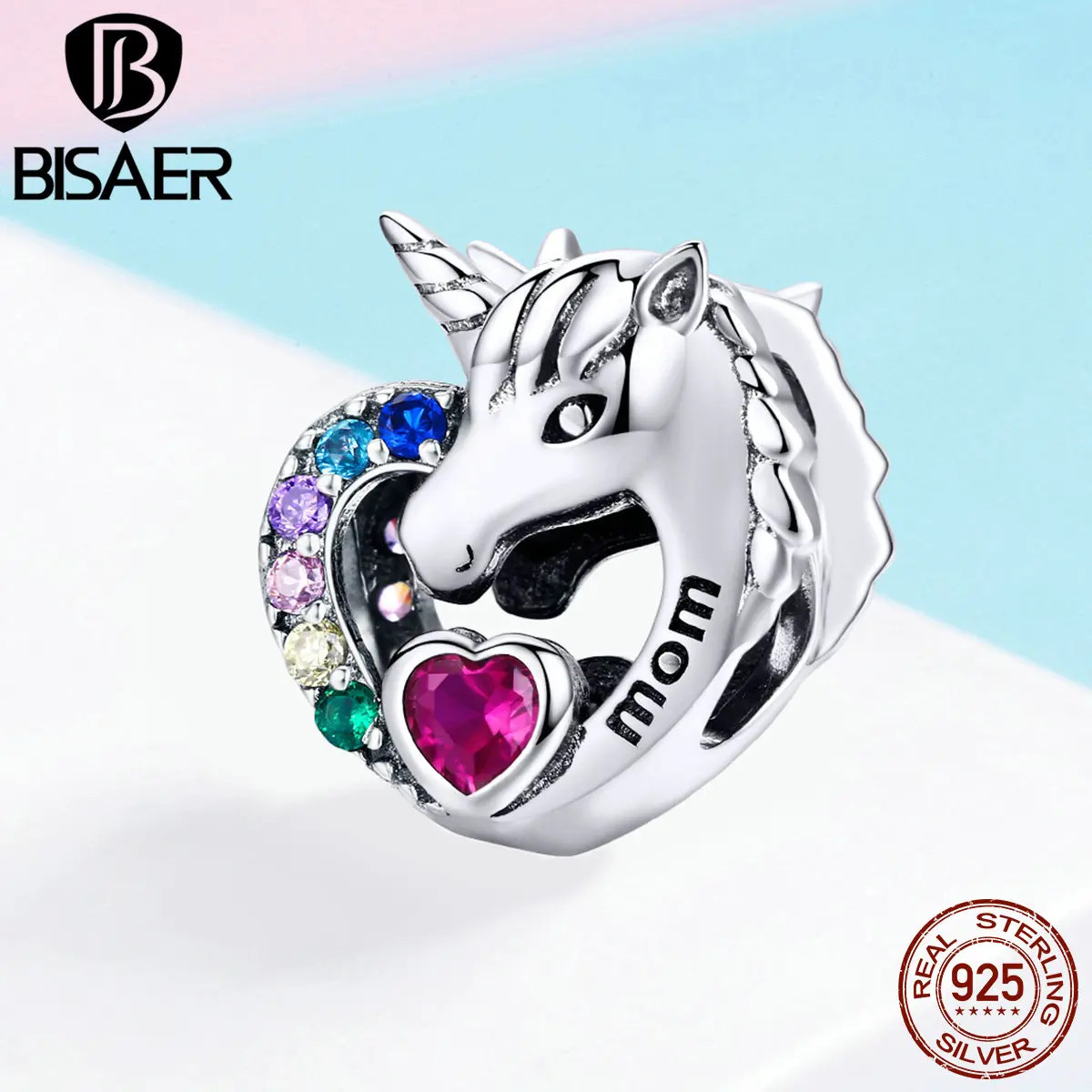 BISAER 925 пробы серебряный единорог Единорог бусины чистая любовь животные Любовь Сердце талисманы подходят для мам браслеты серебряные ювелирные изделия ECC1160