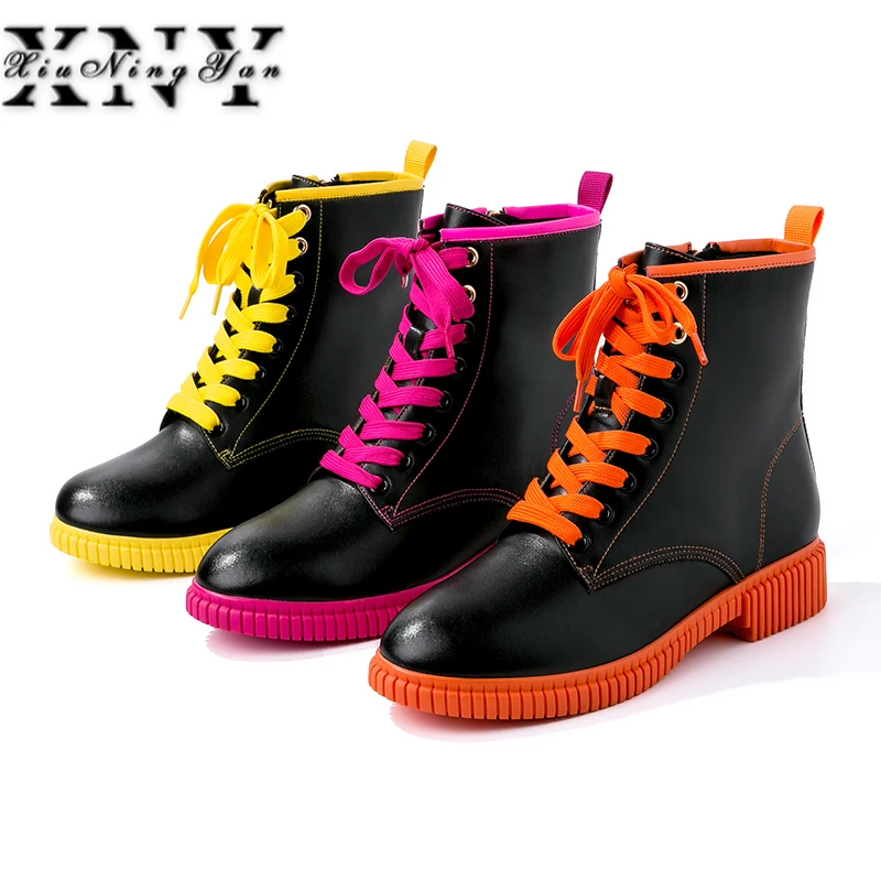 

Women's Boots Genuine Leather Ankle Boots Fashion Lace Up Color Martin Boots Low Heels Ladies Booties Autumn Ladies Casual Shoes