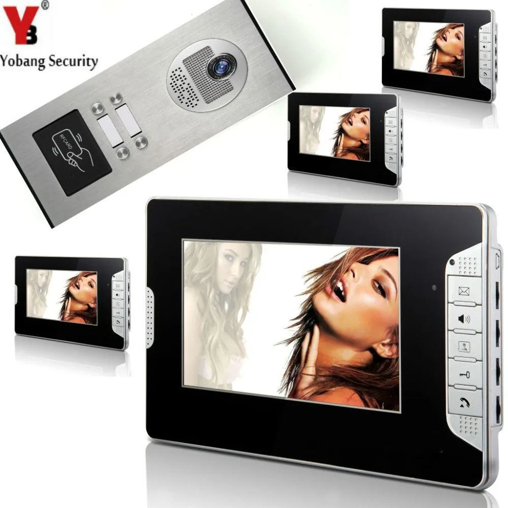 YobangSecurity 4 Eenheden Appartement 7 "Inch Wired Video Deurtelefoon Deurbel Intercom Met Toegang RFID Deur IR Camera