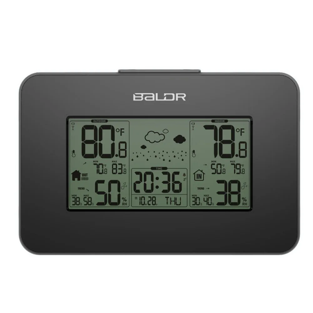 Black Baldr lcd беспроводной датчик температуры и влажности для помещений и улицы, Повтор будильника, цифровой гигрометр, метеостанция, термометр - Цвет: Black