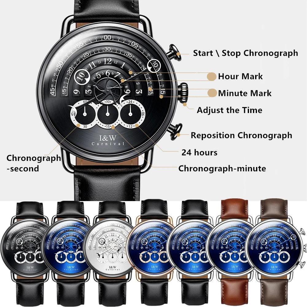 Модные спортивные часы для мужчин Топ бренд карнавал хронограф кварцевые