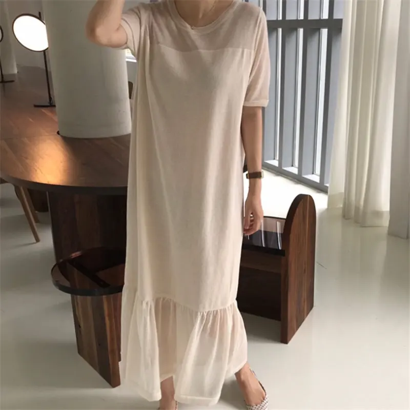 HziriP Loose Trumpet Korea 2019 Summer Elegant Chic Fresh Slender Casual Mermaid Thin Short Sleeves Women Free Beige Dresses | Женская