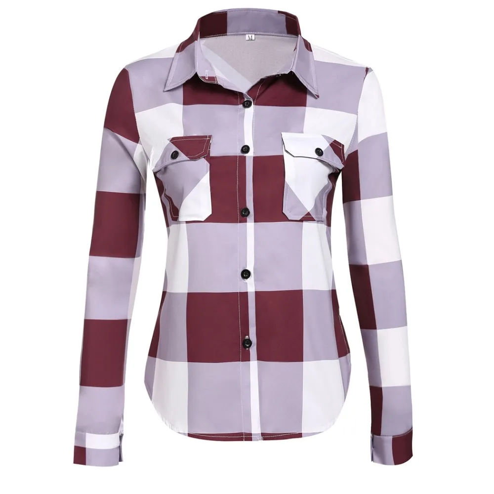 Женщины С Длинным Рукавом Turn Down Шеи Плед Карманный Кнопка Рубашка Мода |