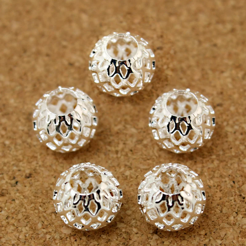 

120pcs/lot Silver Round Ball 9x10mm Hollow Metal Spacer Beads fit Bracelet Jewelry