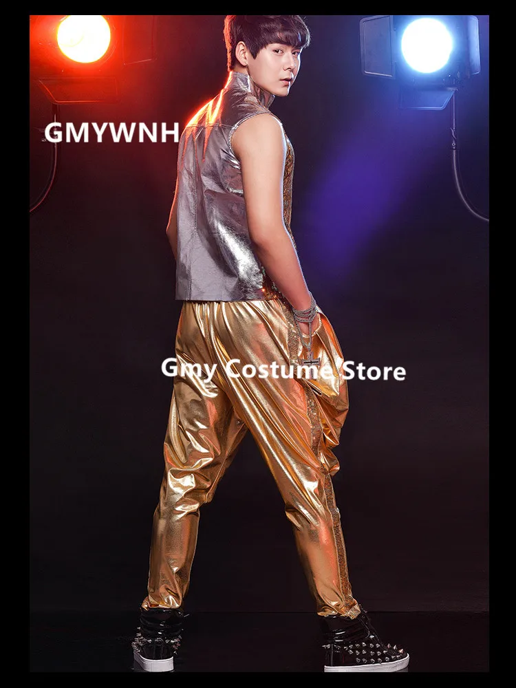 R71 Gold silver splice sequin men wears outfits dj vest dress ballroom dance costumes singer Hip hop pants host male bodysuit | Дом и сад