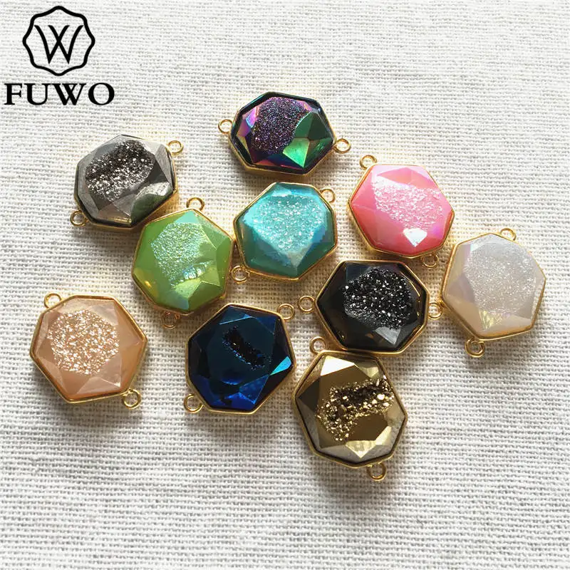 Fewo граненый аура Druzy Heptagon Разъем Кулон с золотым ободком отделан для изготовления