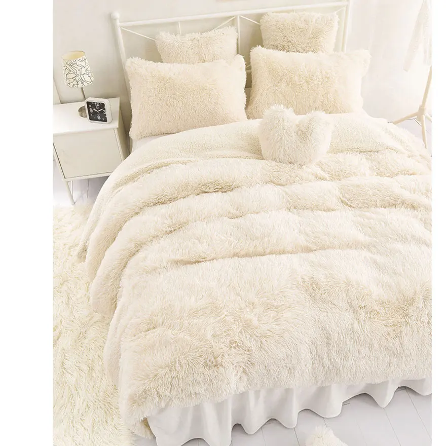 

Solid Color Princess Bedding Sets Luxury 3/4/6/7pcs Snow White lambs wool Bed Skirt Duvet Cover Bedspread Bedclothes Bed Linen