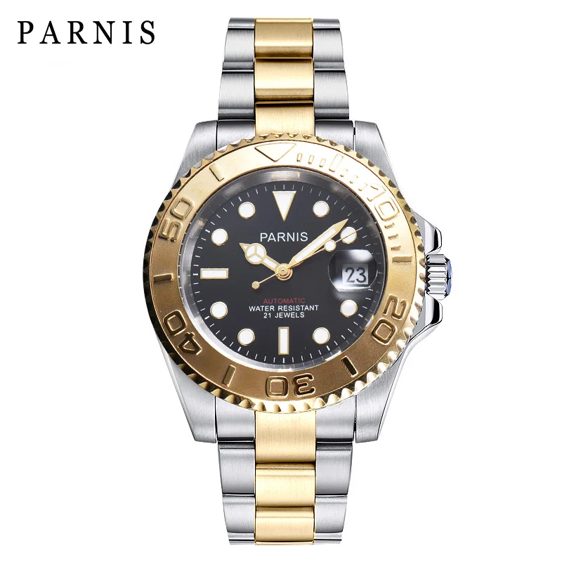 Gold Case Black Parnis механические Автоматические Мужские часы Diver Miyota 8215 мужские часы сапфир mekanik erkek kol saati reloj automatico - Цвет: Gold Case Black