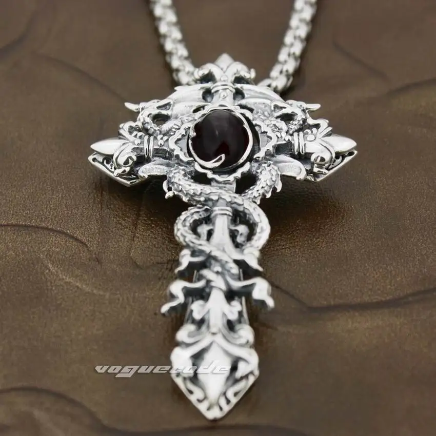 Кулон с фианитами серебряный дракон шпагат крест меч мужской Байкер рок панк