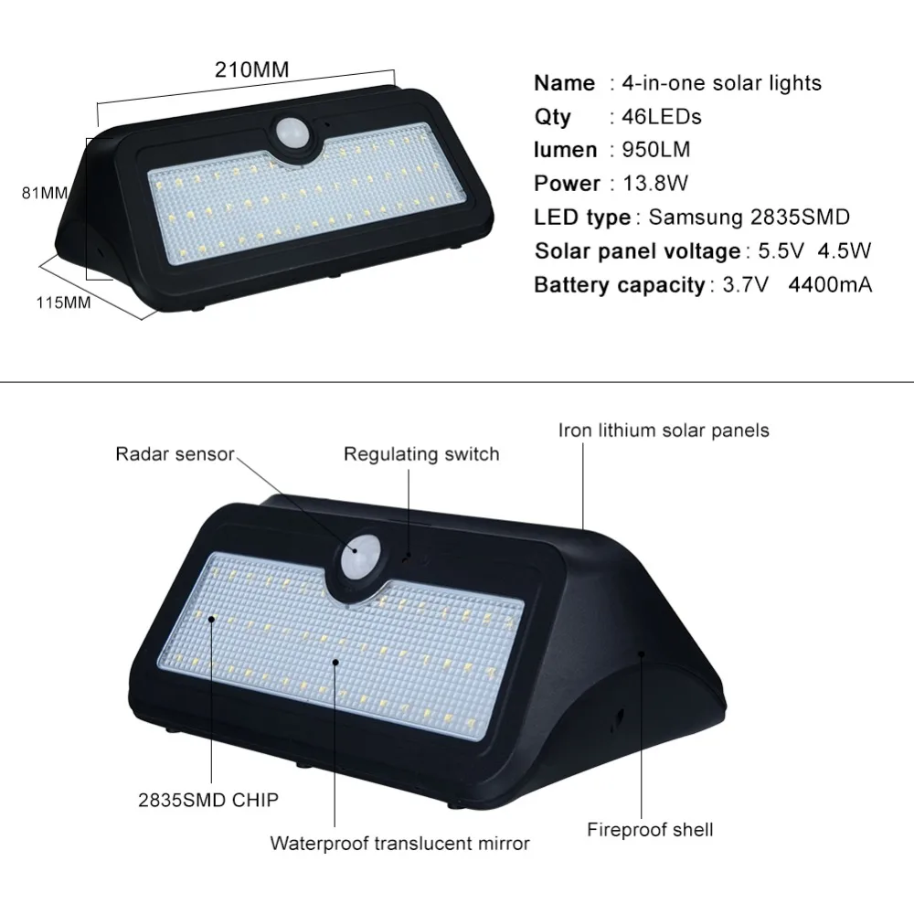 950LM 46 сад светодиодные Солнечный свет наружное освещение лампы ПИР человека Для
