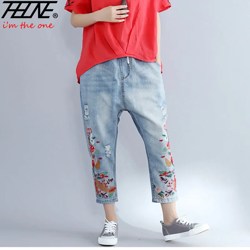 Thhone вышитые Джинсы для женщин Большие размеры промывают джинсовые штаны
