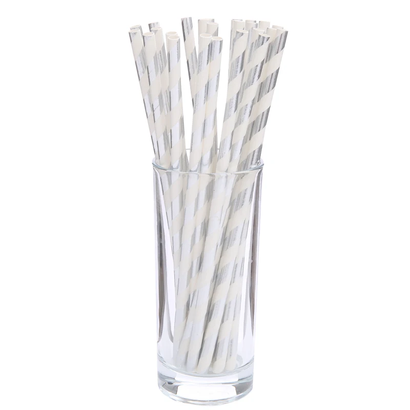 Silver Striped 25 шт бумажная соломинка для питья, Золотая, серебряная соломинка, для мальчиков и девочек, розовый, голубой, для детского душа, украшения, подарок, вечерние принадлежности для мероприятий - Color: Silver Striped