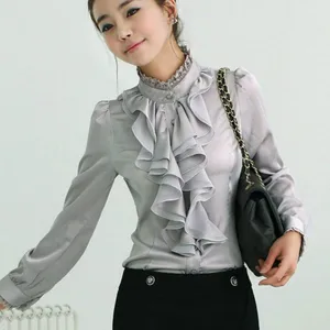Женская атласная рубашка, Элегантная Шелковая блузка с длинными пышными рукавами и оборками, для работы и офиса, осень 2019