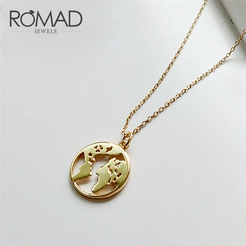 ROMAD, полый кулон с картой мира, ожерелье для женщин, 925 пробы, серебро, модное ювелирное изделие, колье, простые подвески, звено, мужское ожерелье s R2
