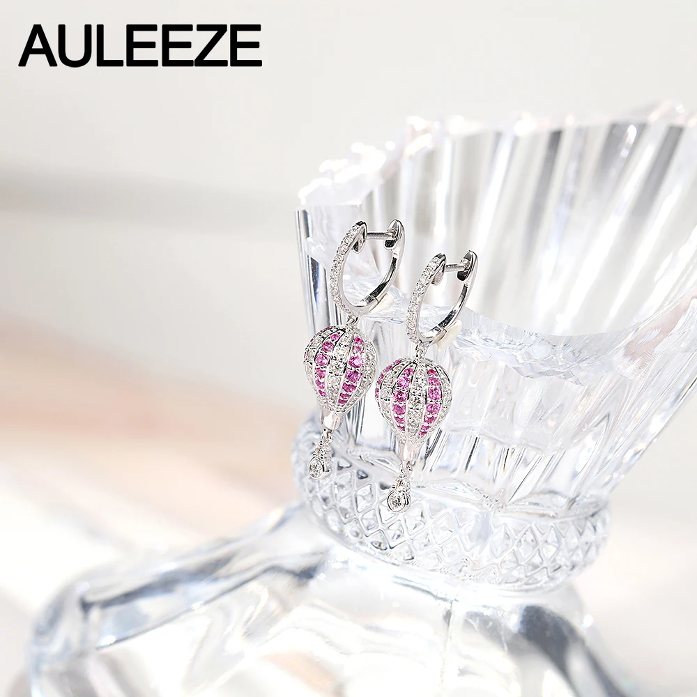 AULEEZE Hot Air Balloon Design 18K White Gold Natural Pink Sapphire Drop Earrings Real Gemstone Diamond Anniversary Gift | Украшения и