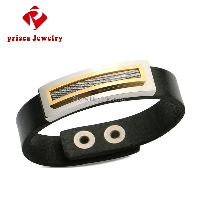 

Men Bracelet Leather Gold Jewelry Fashion Bangle Stainless Genuine Leather Chain Link Bracelet Titanium Steel Wristband