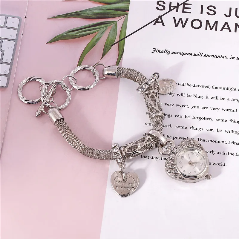 Женские часы-браслет, часы с подвеской в виде сердца, браслет с полой цепочкой, женские часы, круглые женские часы, кварцевые женские часы, подарок