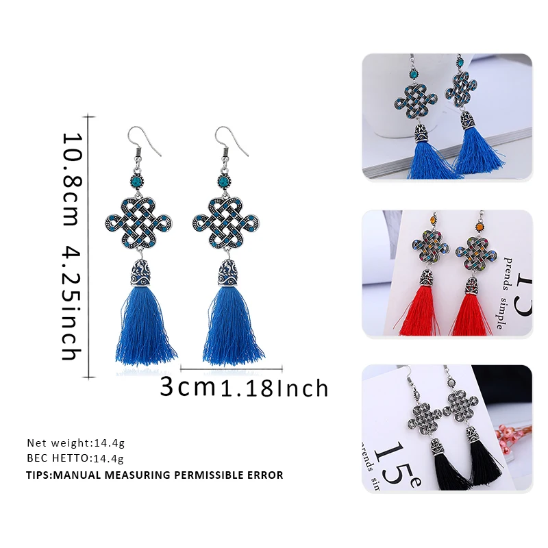 Long Earrings for Women Blue Chinese Knot Tassel Zinc Alloy Korean Drop Jewelry 2018 | Украшения и аксессуары