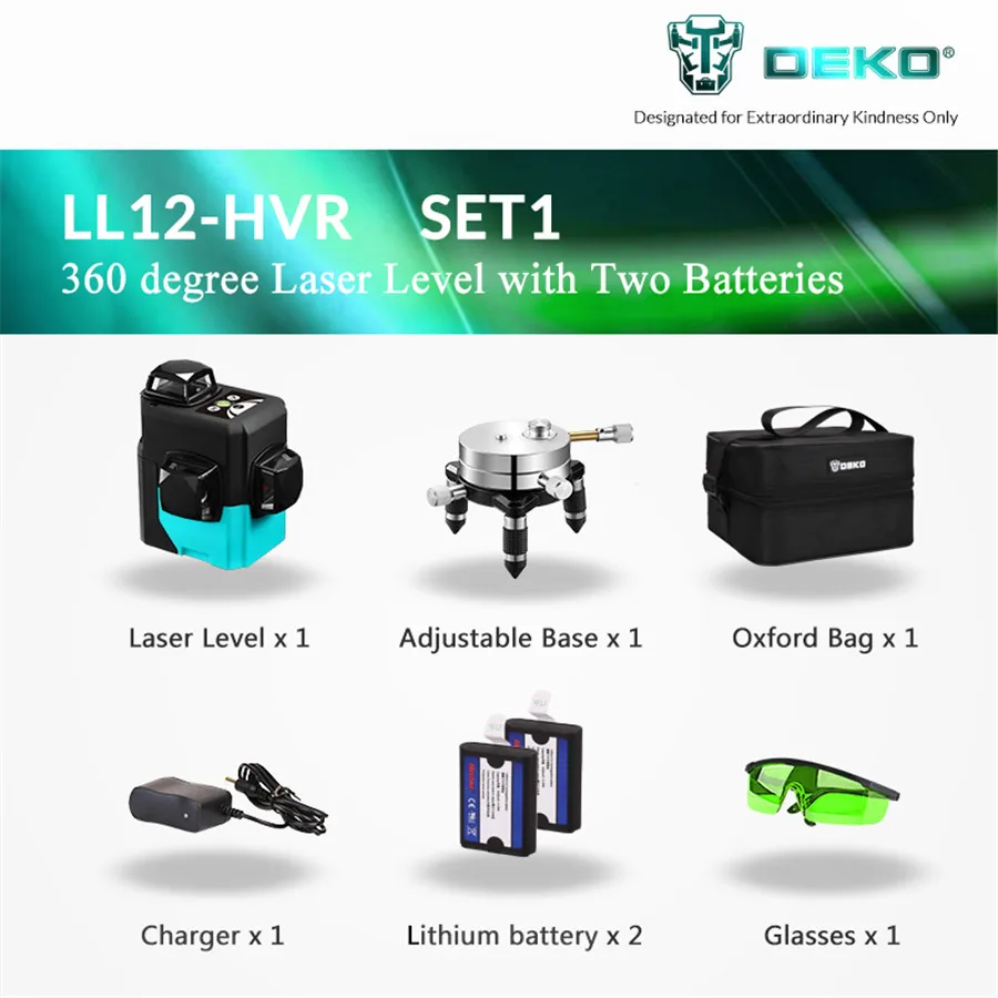 Green Laser Set 1 DEKO LL12-HVG, 12 линий, 360 градусов, вращающийся 3D зеленый лазерный уровень, наклон, косая линия, доступен автоматический лазерный уровень, зеленая поперечная линия - Цвет: Green Laser Set 1