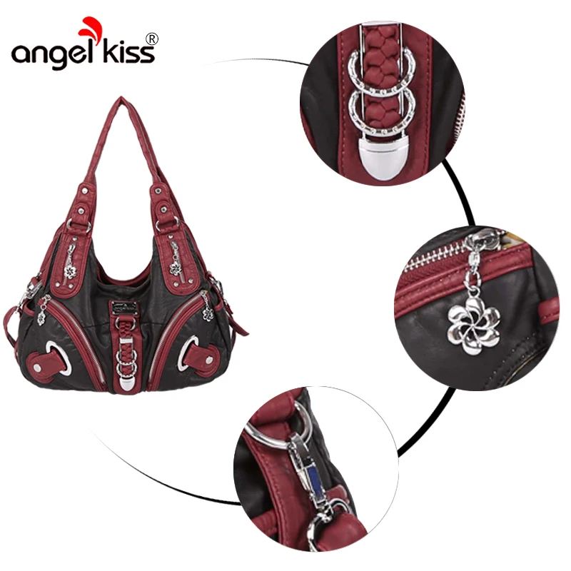 Angelkiss два Топ Застёжки-молнии Синтетическое закрытие волос несколько карманов кошельки и Сумки из стираной кожи сумки на плечо Для женщин AK11282