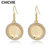 chicvie gold color tree of life crystal flower piercing earring with stones for women round fashion jewelry earrings ser140389