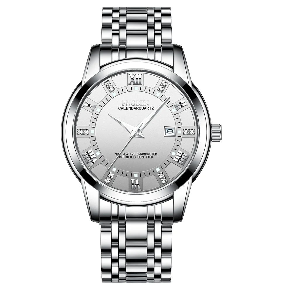 steel silver white Мужские модные бизнес часы Топ бренд класса люкс кристалл полностью стальные часы водонепроницаемые повседневные Дата кварцевые наручные часы Relogio Masculino - Цвет: steel silver white