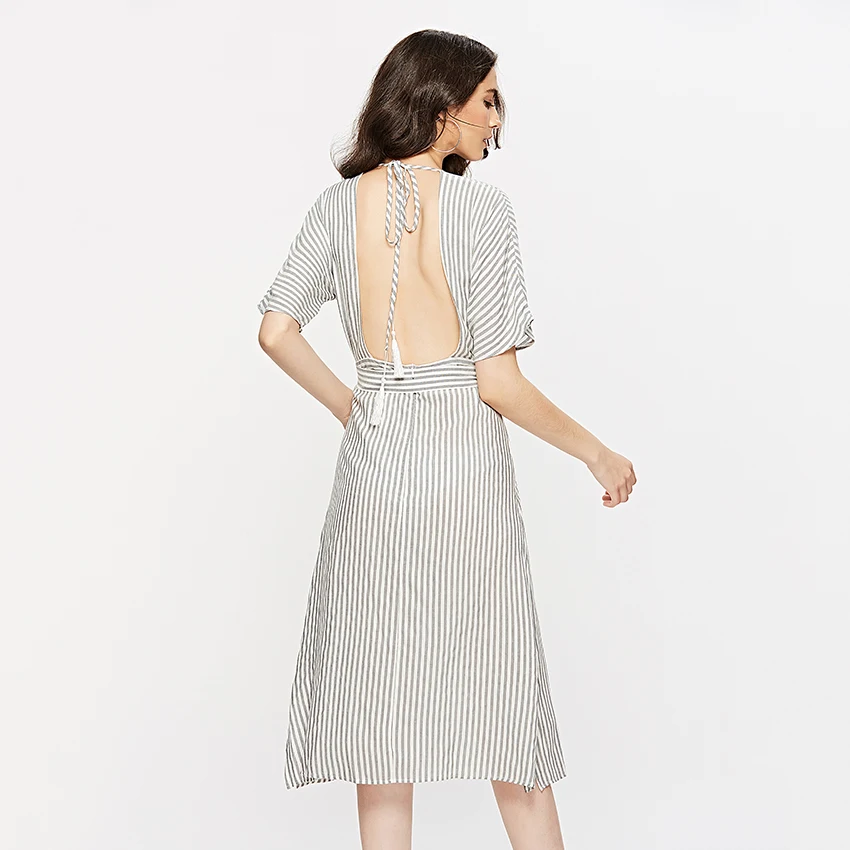 OOTN, Пляжное летнее платье в стиле бохо, женское платье с v-образным вырезом и открытой спиной, Полосатое Платье-туника средней длины с разрезом, сексуальное женское платье с поясом-бабочкой